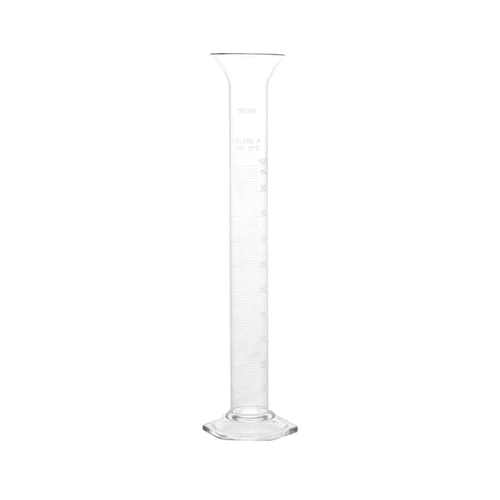 100mL Graduated Cylinder, Funnel Top, Hexagonal Base, Class A, Calibrated to 20°C, Serialized